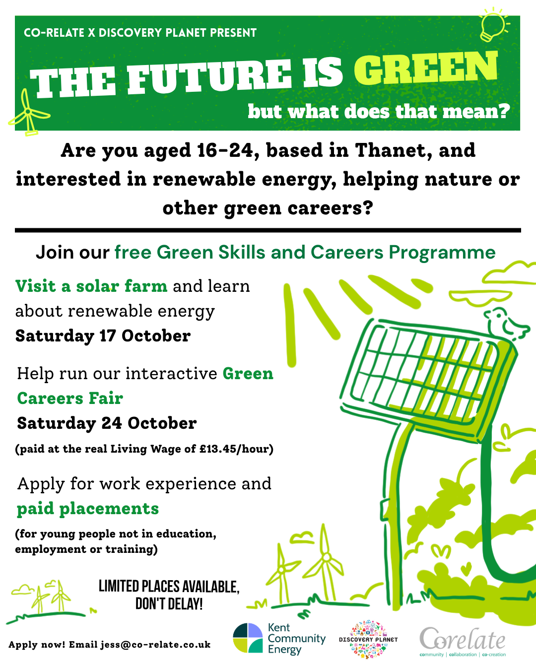 The Future is Green poster with wind turbines and a solar panel and opportunities for young people to do a solar farm visit, work at the Green Careers Fair and access paid and unpaid work experience opportunities.