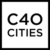 Logo with C40 Cities written in black on white in a white square with black border